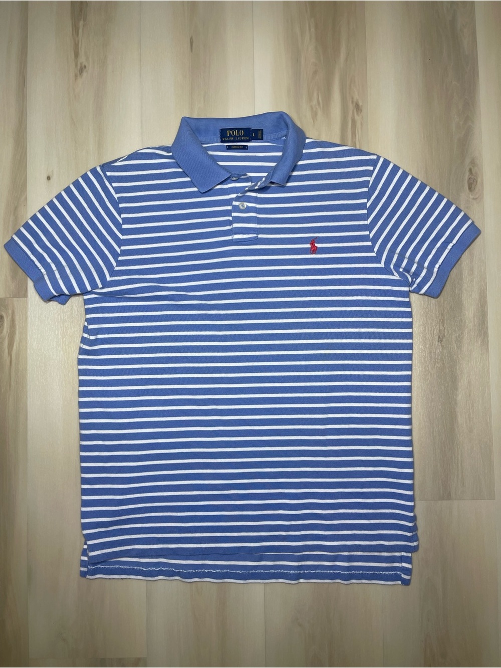Polo Ralph Lauren Polo Shirt Men's L Blue Striped Short Sleeve Red Pony Custom